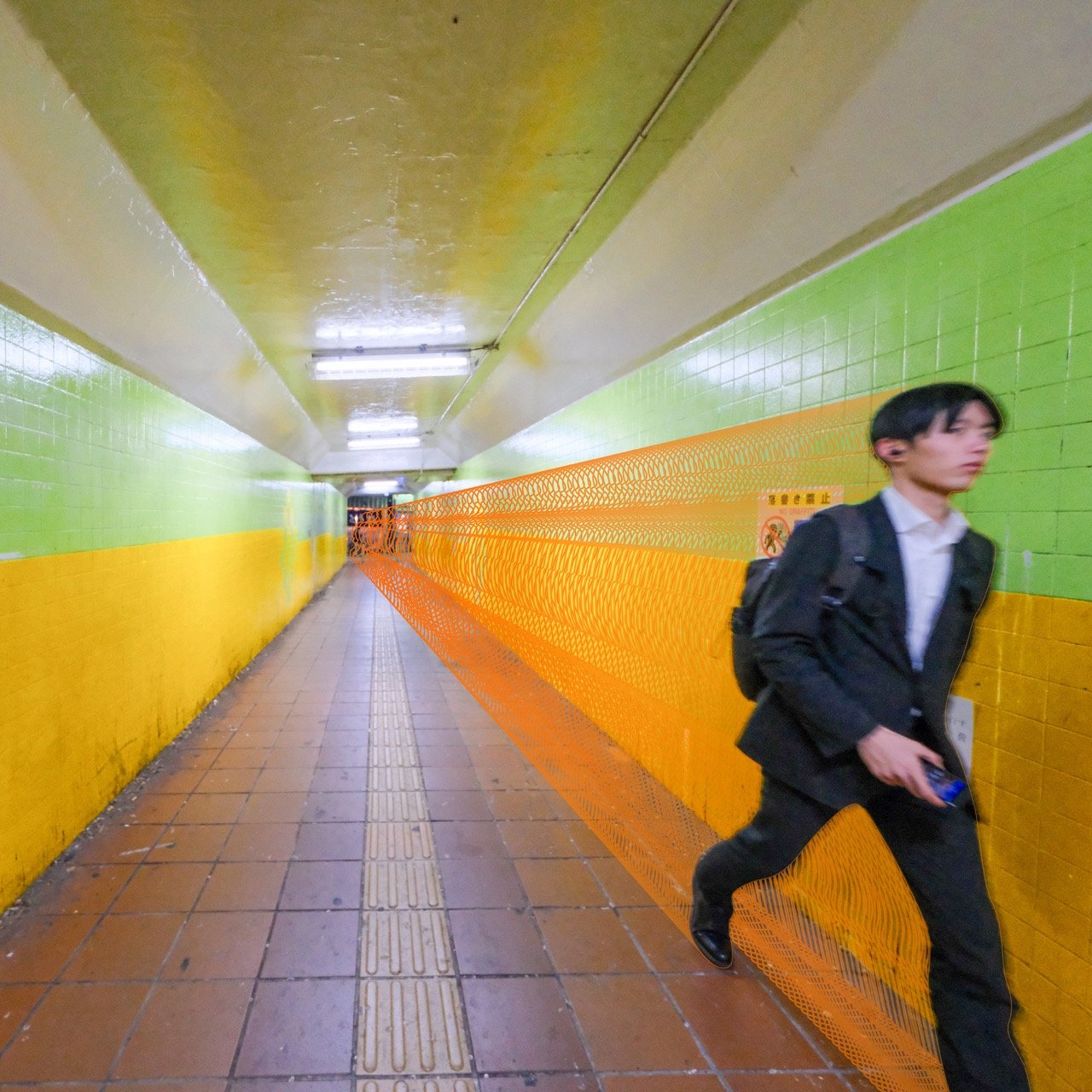 Album cover for Fundido — Melt EP: a green-and-yellow tiled pedestrian underpass with tactile paving, a suited man with a backpack walking through it, an orange light-trail streak along the wall and Japanese no-graffiti signage.