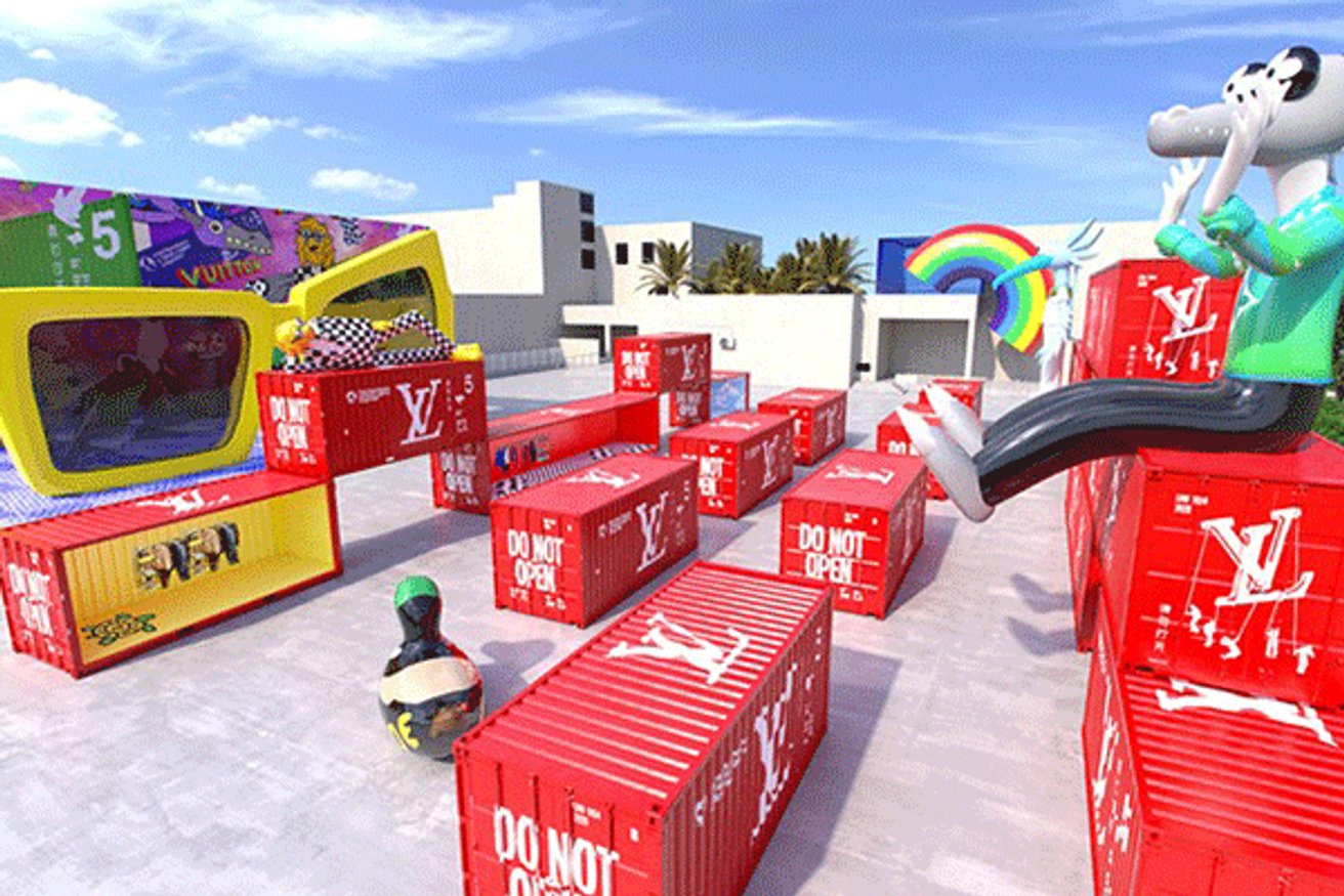 Rooftop maze of red containers marked "DO NOT OPEN" with inflatable sunglasses and cartoon sculptures.
