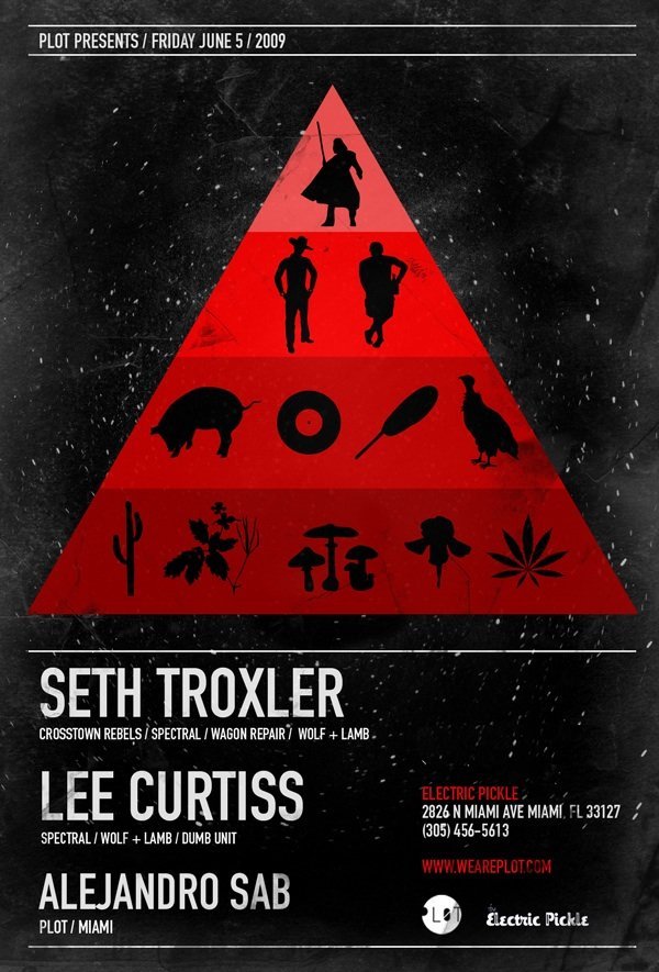 PL0T event flyer — 5 Jun 2009: Seth Troxler, Lee Curtiss at Electric Pickle, Miami.