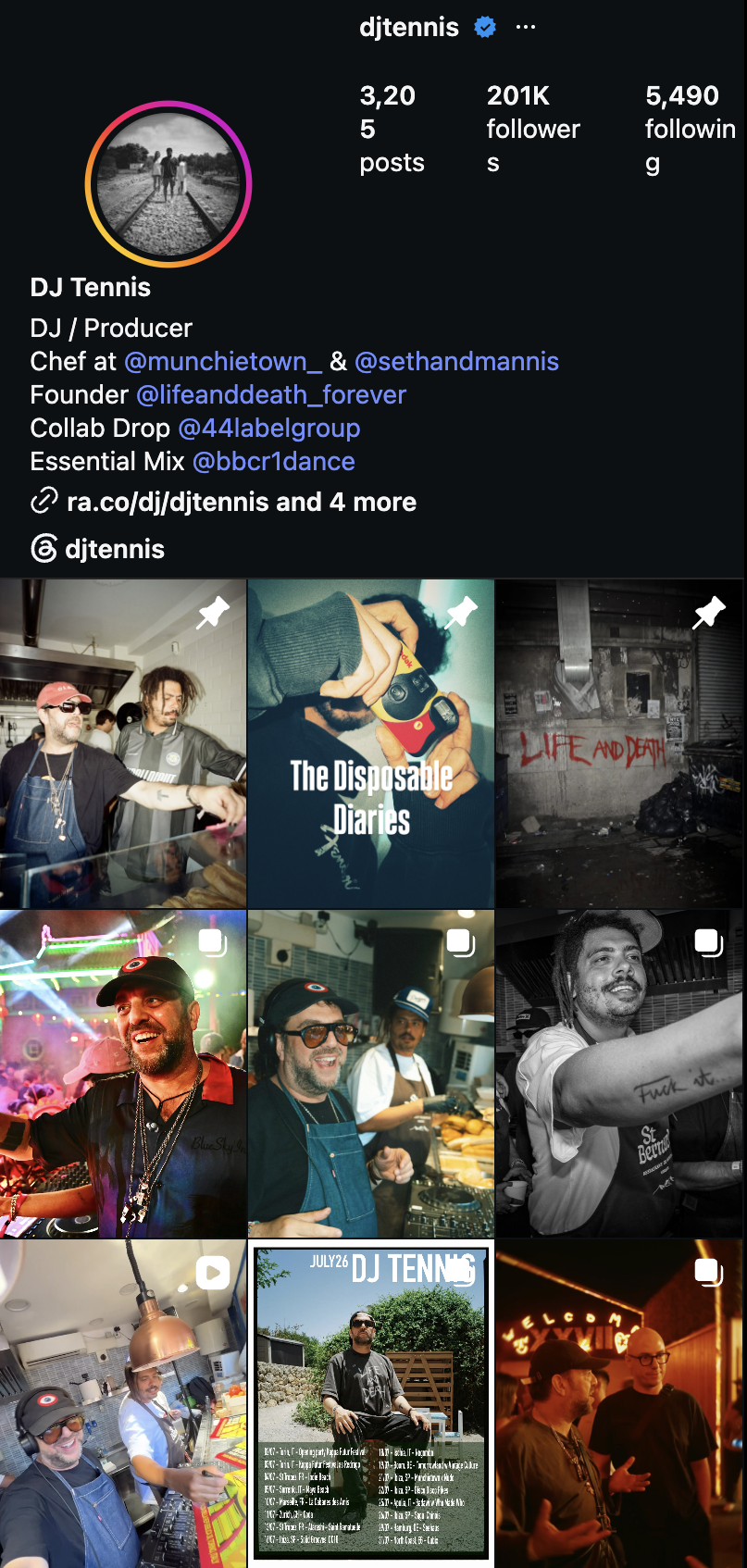 DJ Tennis Instagram feed — 201K followers, verified — pinned posts including the 'Disposable Diaries' campaign key art and analog-film shots from studio and kitchen life.