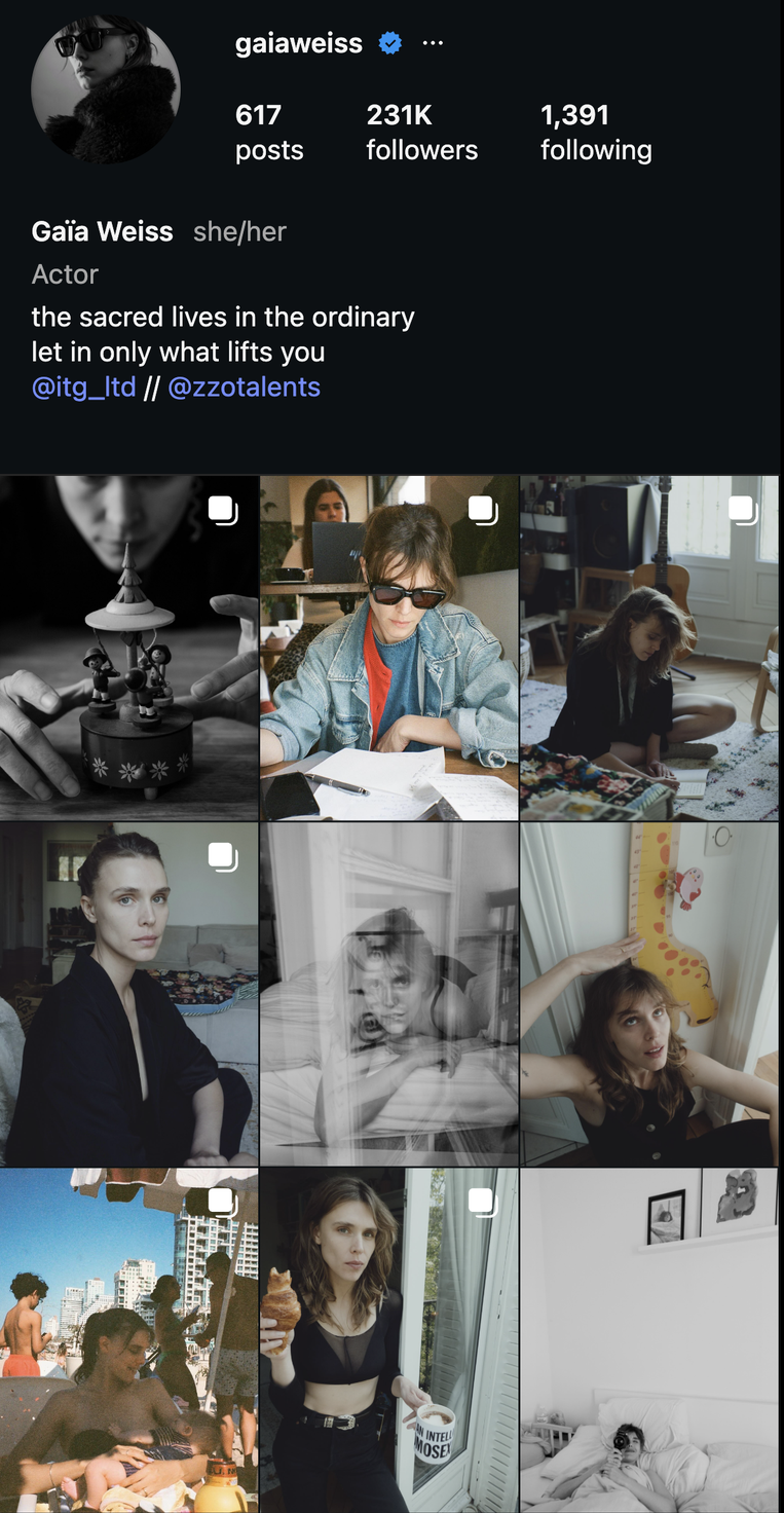 Gaïa Weiss Instagram feed — 231K followers, verified — a grid of analog-film portraits and still lifes in a muted editorial palette.