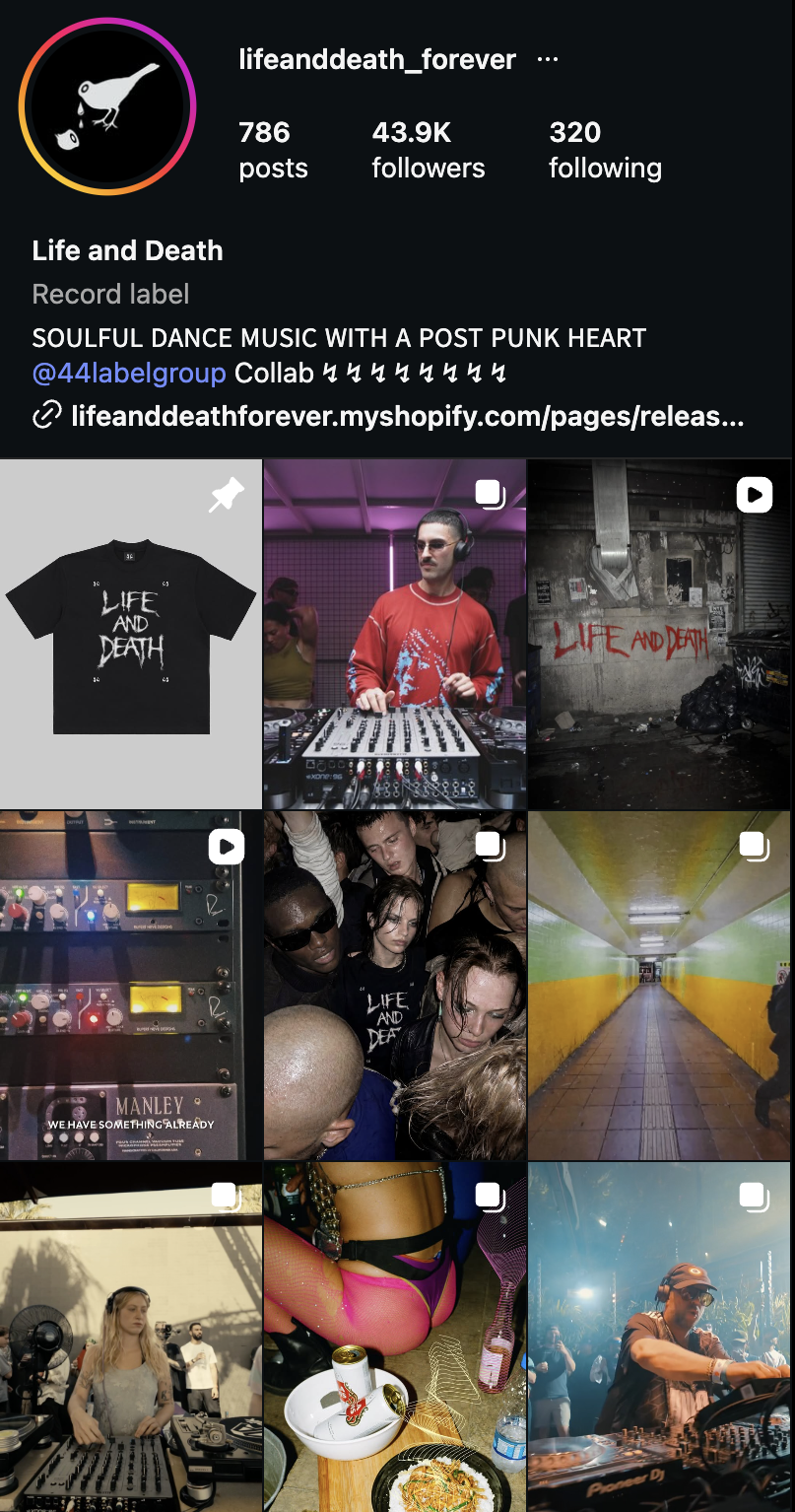 Life and Death Instagram feed — 43.9K followers — posts spanning label merch, spray-painted logo artwork and studio equipment.