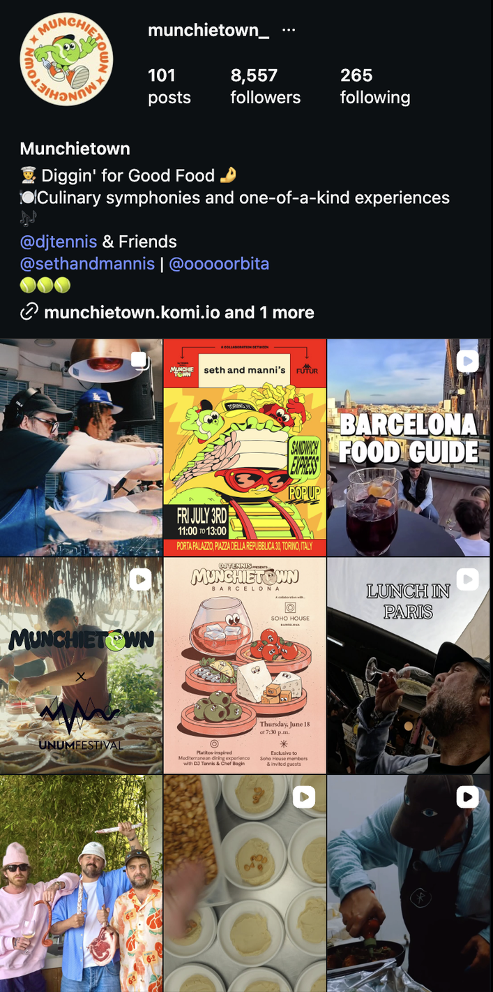 Munchietown Instagram feed — 8,556 followers — event photography alongside bold food-and-music campaign artwork.